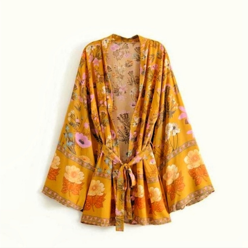 New Boho Wild Floral Print Vintage Kimono Jacket Mustard Yellow Pink